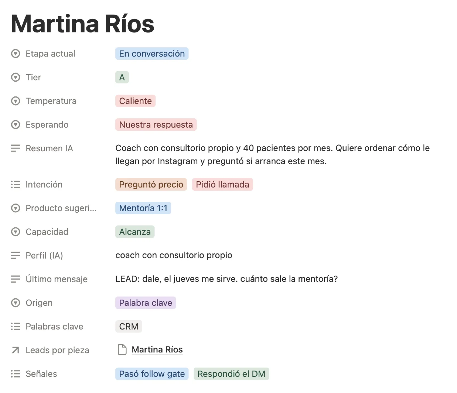 Ficha de un lead con temperatura, tier y resumen